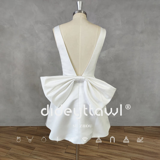 Simple Sleeveless Deep V-Neck Mini Satin Wedding Dress For Women A-Line Big Bow Backless Short Above Knee Bridal Gown