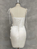 Spaghetti Straps Short Mini A Line Wedding Second Dress 3D Flowers Satin Backless Sleeveless Bridal Gown Custom Made