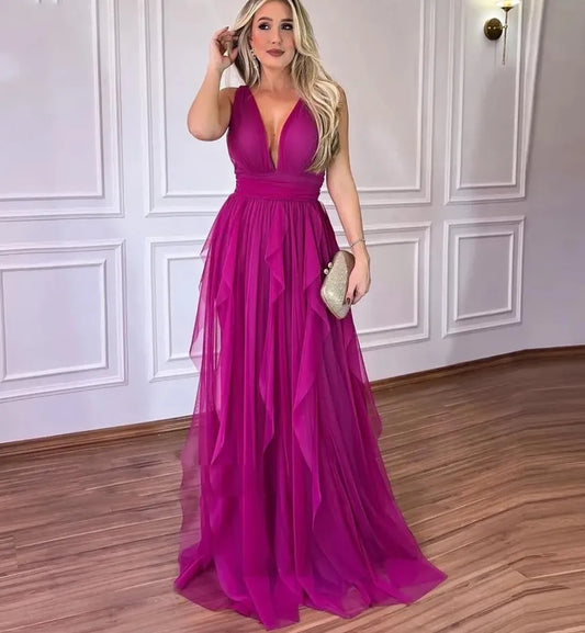 Elegantes vestidos de graduación fucsia de gasa con cuello en V profundo, volantes hasta el suelo, vestidos de fiesta sencillos, vestidos de graduación