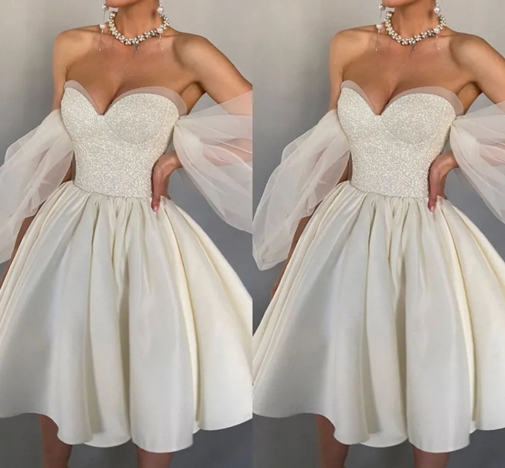 Off the Shoulder Ivory Short Wedding Dresses Sweetheart Puff Sleeves Satin Glitter Bridal Gowns Robe de soiree Formal Dress