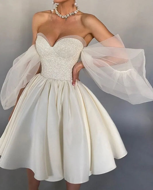 Off the Shoulder Ivory Short Wedding Dresses Sweetheart Puff Sleeves Satin Glitter Bridal Gowns Robe de soiree Formal Dress