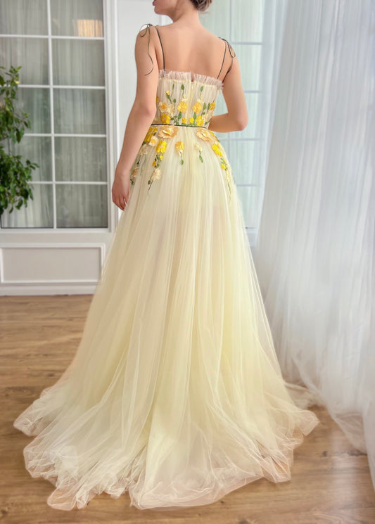 Faint Yellow A-line Prom Dresses Lace Appliques Spaghetti Strap Formal Evening Sweep Train Side Split Sleeveless Clubbing