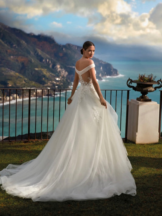 Elegante linha a tule fora do ombro vestido de casamento para mulher com apliques botões vestido de noiva feito sob encomenda vestidos de novia
