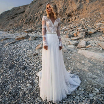 Jeheth Prinzessin A-Line Spitzenbrautkleider charmantes V-Ausschnitt Rückenloses Hochzeitskleid Langarmes Vestidos de Novia Custom gemacht gemacht