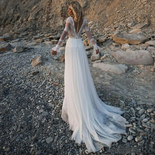 JEHETH Princess A-Line Lace Bridal Gowns Charming V-Neck Backless Wedding Dress Long Sleeves Vestidos De Novia Custom Made