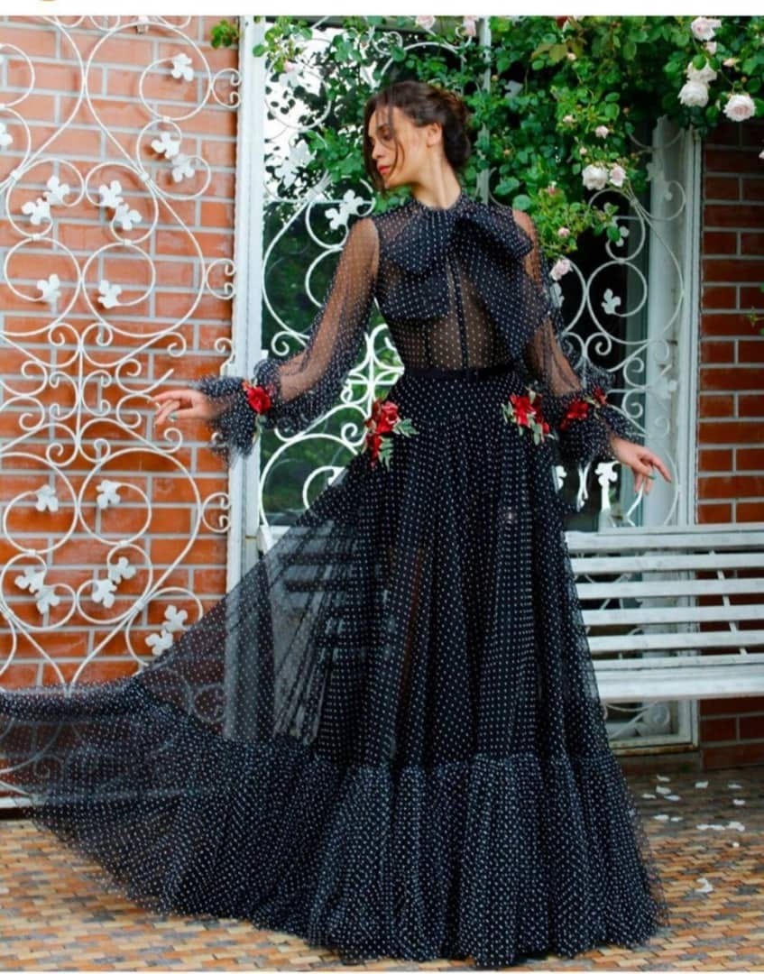 Black Dotted Tulle Prom Dresses Long Sleeves High Neck Romantic Evening Gowns Red Flowers Princess Party Dress