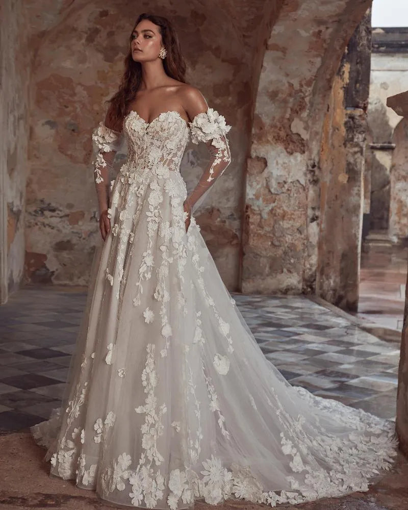 Luxury Elegant Wedding Dresses A Line Woman's Pastrol 3D Flower Lace Applique Princess Bride Gowns Formal Vestidos De Novia Beige