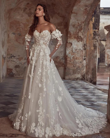Luxury Elegant Wedding Dresses A Line Woman's Pastrol 3D Flower Lace Applique Princess Bride Gowns Formal Vestidos De Novia Beige
