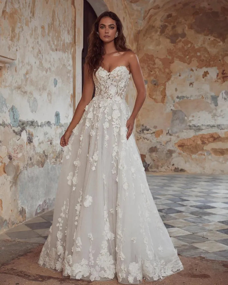 Luxury Elegant Wedding Dresses A Line Woman's Pastrol 3D Flower Lace Applique Princess Bride Gowns Formal Vestidos De Novia