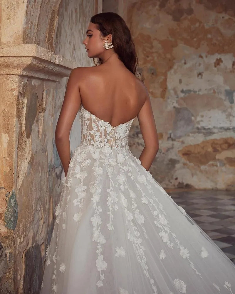 Luxury Elegant Wedding Dresses A Line Woman's Pastrol 3D Flower Lace Applique Princess Bride Gowns Formal Vestidos De Novia