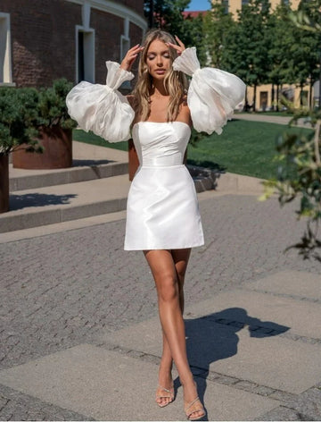 Elegant Short Wedding Dresses Long Puff Sleeves Open Back Sheath Satin Simple Strapless Bridal Gown Above Knee Vestidos De Noiva