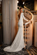 Glamorous Mermaid Wedding Dress with Long Sleeves, Deep Neckline, Glitter Embellishments, and a Natural Waistline for a Sparkling Bridal Look