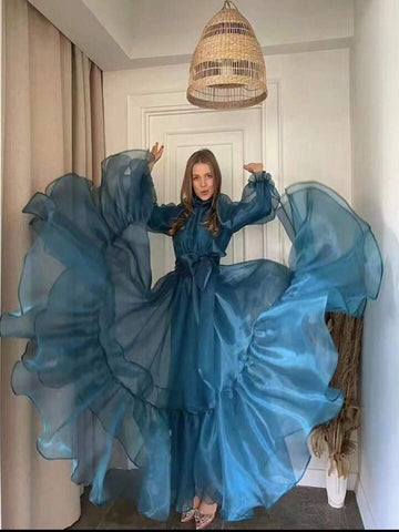 Teal Blue Organza Prom Dresses Puff Lined Long Sleeves Wedding Party Dress High Neck Ankle Length Women Evening Gowns