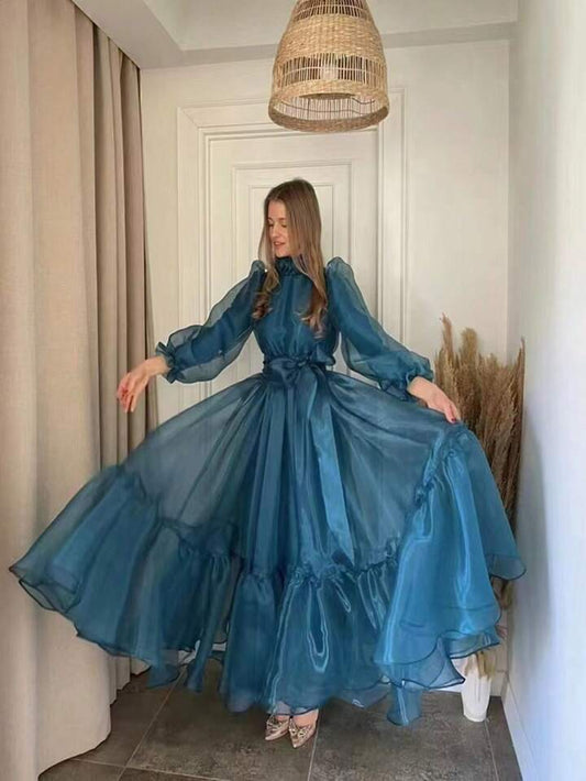 Teal Blue Organza Prom Dresses Puff Lined Long Sleeves Wedding Party Dress High Neck Ankle Length Women Evening Gowns