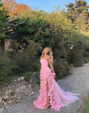 Fairy Pink Tulle Prom Dresses Strapless A-Line 3D Flowers High Side Slit Formal Occasion Dresses فستان سهرة نسائ