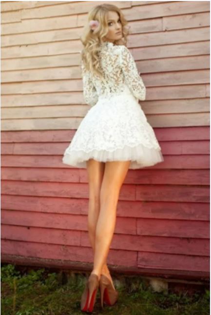 On Sale Sexy Ivory Bride Dress Lace Wedding Dresses Mini Length with 3/4 Sleeves Bridal Gowns Short O Neckline