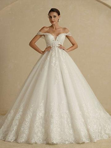 Exquisites Hochzeitskleid für Frauen Ballkleid vom Schulter ärmellose Brautkleid Spitzen Applikationen Sweep Zug Tüll kundenspezifisch
