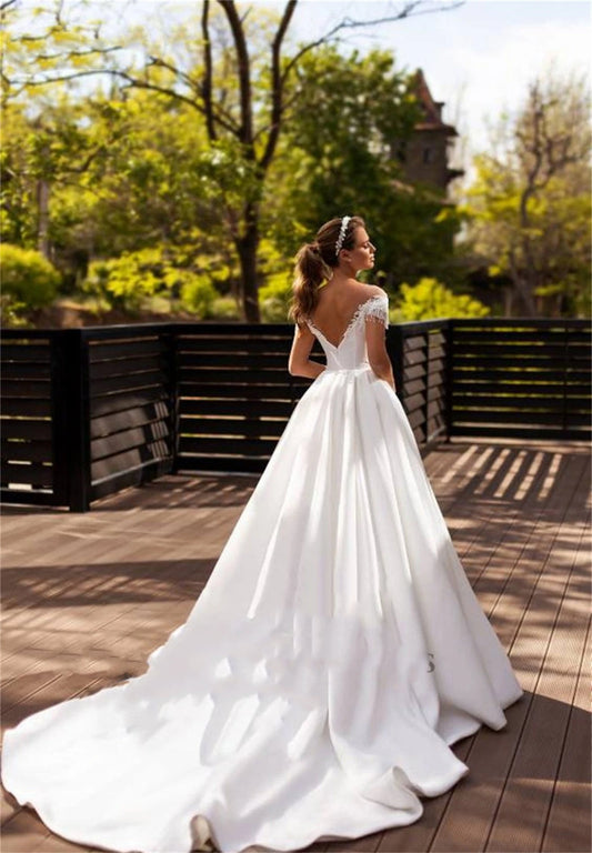 Vestido de novia de princesa, línea A, Apliques de encaje con cuentas, vestidos de novia con espalda de ilusión, vestido de fiesta, vestidos de boda de tren largo