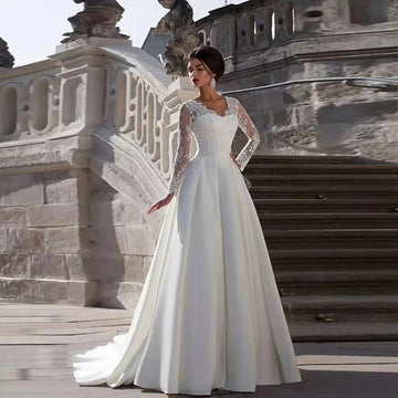 Einfache Hochzeitskleid Spitze V-Ausschnitt Langärmele A-Linie Satin bodenlangen Zug Zug Brautkleid Vestidos de Novia