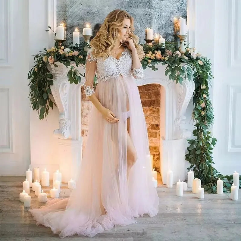 3/4 Sleeves Maternity Long Evening Dress Lace Empire Pregnant Woman Dresses  Plus Size Tulle Slit Formal Prom Gowns