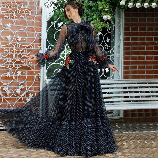 Black Dotted Tulle Prom Dresses Long Sleeves High Neck Romantic Evening Gowns Red Flowers Princess Party Dress