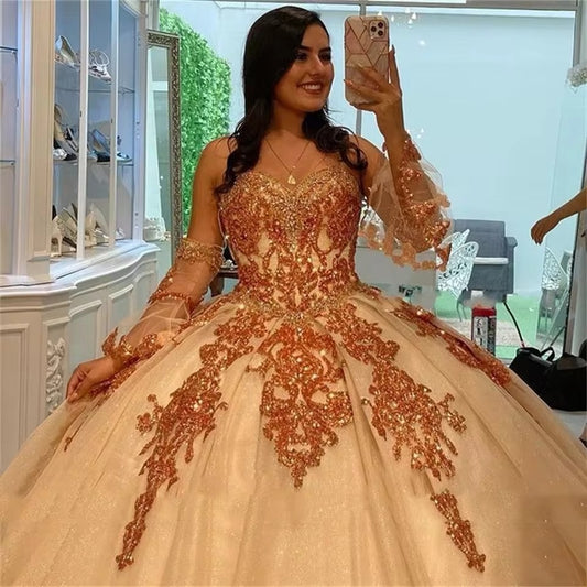 Vestido de quinceañera con escote en forma de corazón, purpurina para fiesta de 15, mangas desmontables, apliques, vestido Formal de princesa para cumpleaños