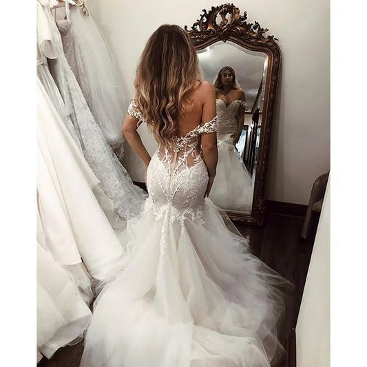 Lace Wedding Dresses Mermaid Strapless Boho Fish Bridal Gowns Open Back Princess Party Gowns With Puffy Tulle Skirt