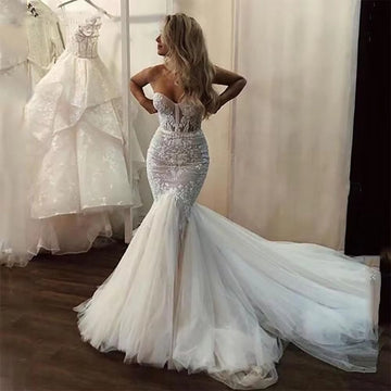 Vestidos de novia de encaje sirena sin tirantes Boho vestidos de novia de pescado espalda abierta vestidos de fiesta de princesa con falda de tul hinchada