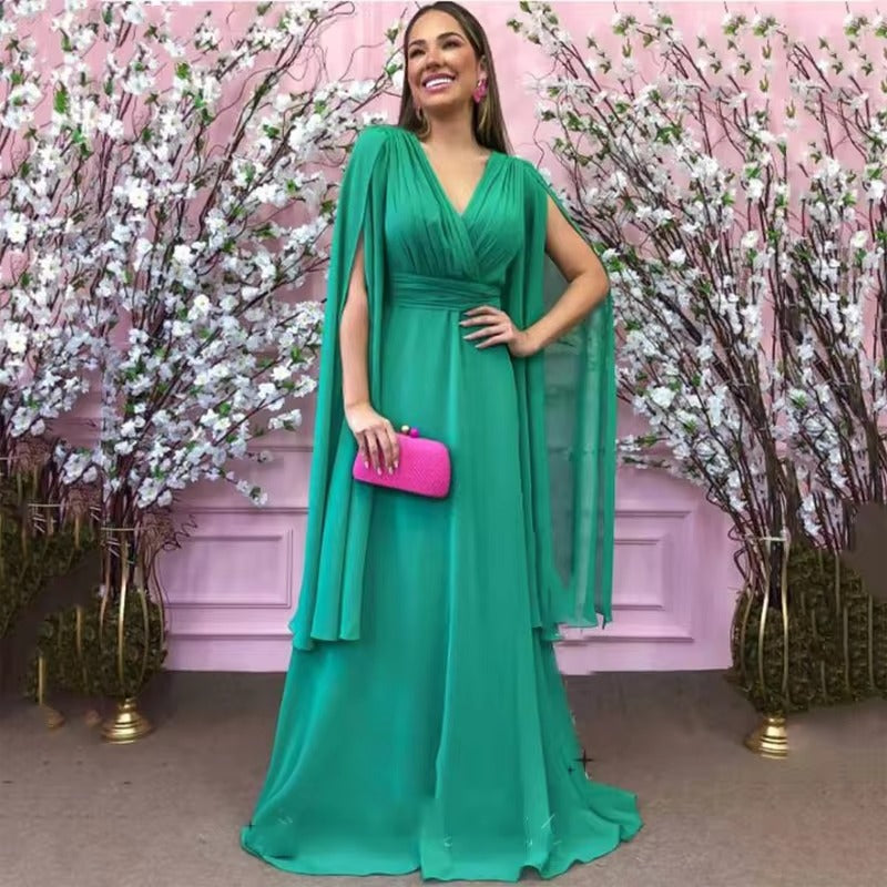 Emerald Green Chiffon Prom Dresses for Women Long Sleeves Saudi Arabic Evening Gowns Pleated Night Club Outfits