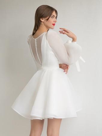 Short Wedding Dresses Jewel Neck Short Long Sleeves Natural Waist Short Organza Wedding Dress Satin Mermaid Bow Satin Court Train Sleeves White Bridal Princess Gown Vestido De Novia Modern