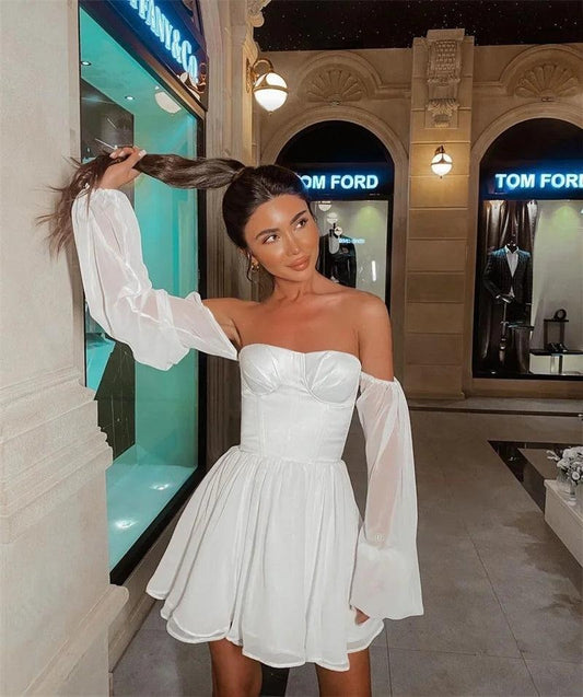 Simple Satin/Chiffon A Line Short Wedding Dresses Prom Gowns Full Sleeves Formal Occasion Bridal Event Gowns Robe de soiree