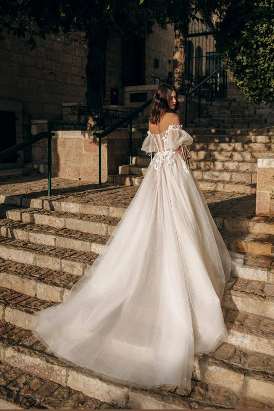 Vestidos De Novia sencillos Vintage con cuello barco, Vestidos De Novia De corte en A, Apliques De encaje, batas De tul con hombros descubiertos