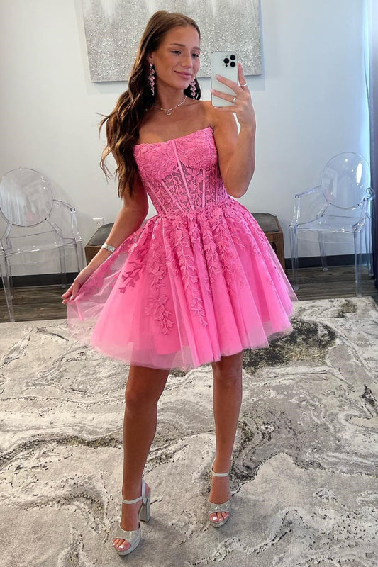 Hearty Hot Pink Prom Dresses Lace Tulle Strapless Pleat Ruched Above Knee Homecoming Dress vestidos de graduación