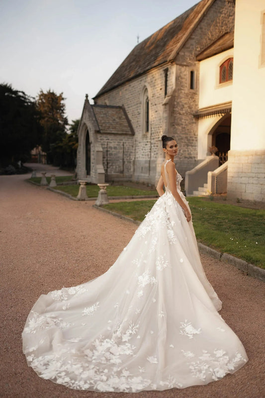 3D Flowers Weeding Dress Elegant Deep V-neck Bride Robe Appliques A-line Floor-length Bridal Dresses Vestidos De Novia