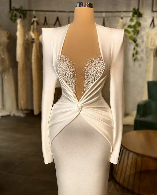 Lyxiga vita pärlor satin sjöjungfrun bröllopsklänning älskling långa ärmar brudklänningskamman skräddarsydd vestidos de novia
