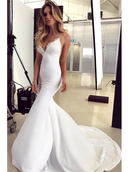 Sexy V-Neck Wedding Dress Low-Cut Spaghetti Straps Lace Appliques Backless Mermaid Satin Sweep Train Custom Made Bridal Gown