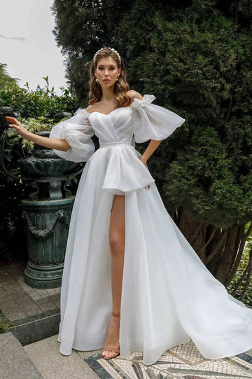 Vestidos de novia con mangas abullonadas y escote en forma de A, vestido de novia sin tirantes, línea A, Espalda descubierta, vestido de novia sencillo para fregar