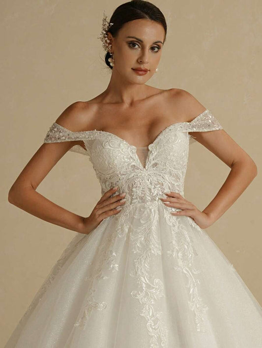 Vintage Princess Schatz Hochzeitskleid für Braut ärmellose Applikationen Brautkugelkleid vom Schulter Vestido de Casamento