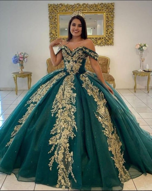 Vestidos De quinceañera verdes con hombros descubiertos, vestidos De fiesta con apliques florales dorados De princesa, Vestido De 15 anos con corsé en la espalda