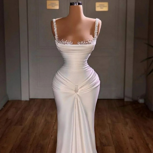 Classic Square Neck Weeding Dress Romantic Pearls Bride Robe Elegant Satin Floor-length Bridal Dresses Vestidos De Novia