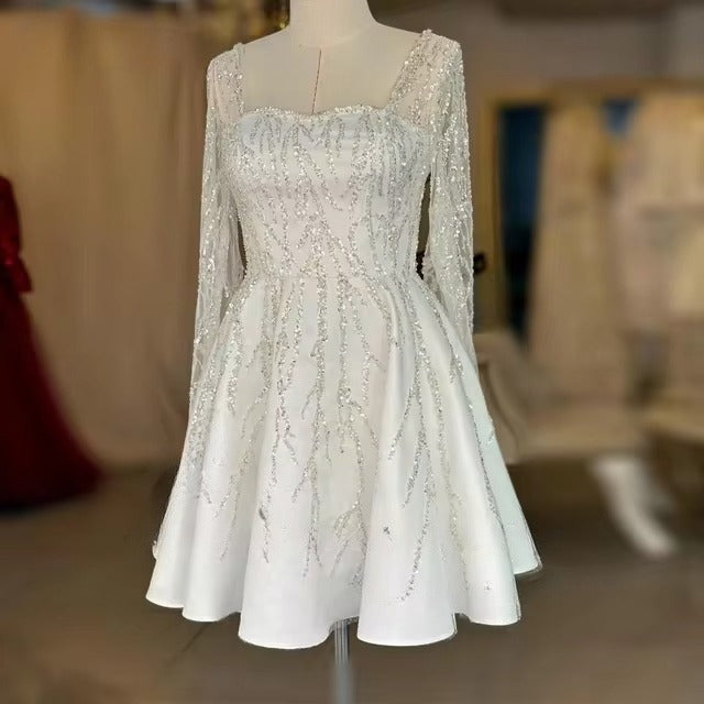 Vestidos de novia cortos de encaje de lentejuelas de lujo, vestidos de novia de princesa de manga larga con escote en forma de corazón, Vestido de novia