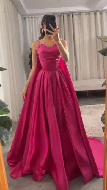 Fuchsia Satin Robes De Soirée Spaghetti Strap A-line Long Train Prom Dresses Elegant Sleeveless Floor-length Wedding Dress