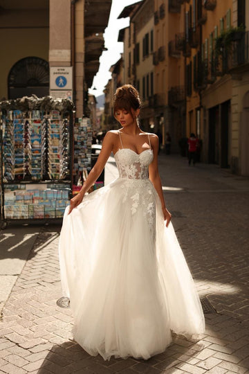 Vestidos De novia elegantes De línea a para mujer, vestido De novia con escote en forma De corazón De encaje y espalda abierta, vestido De novia con tirantes finos De tul, Vestidos De novia