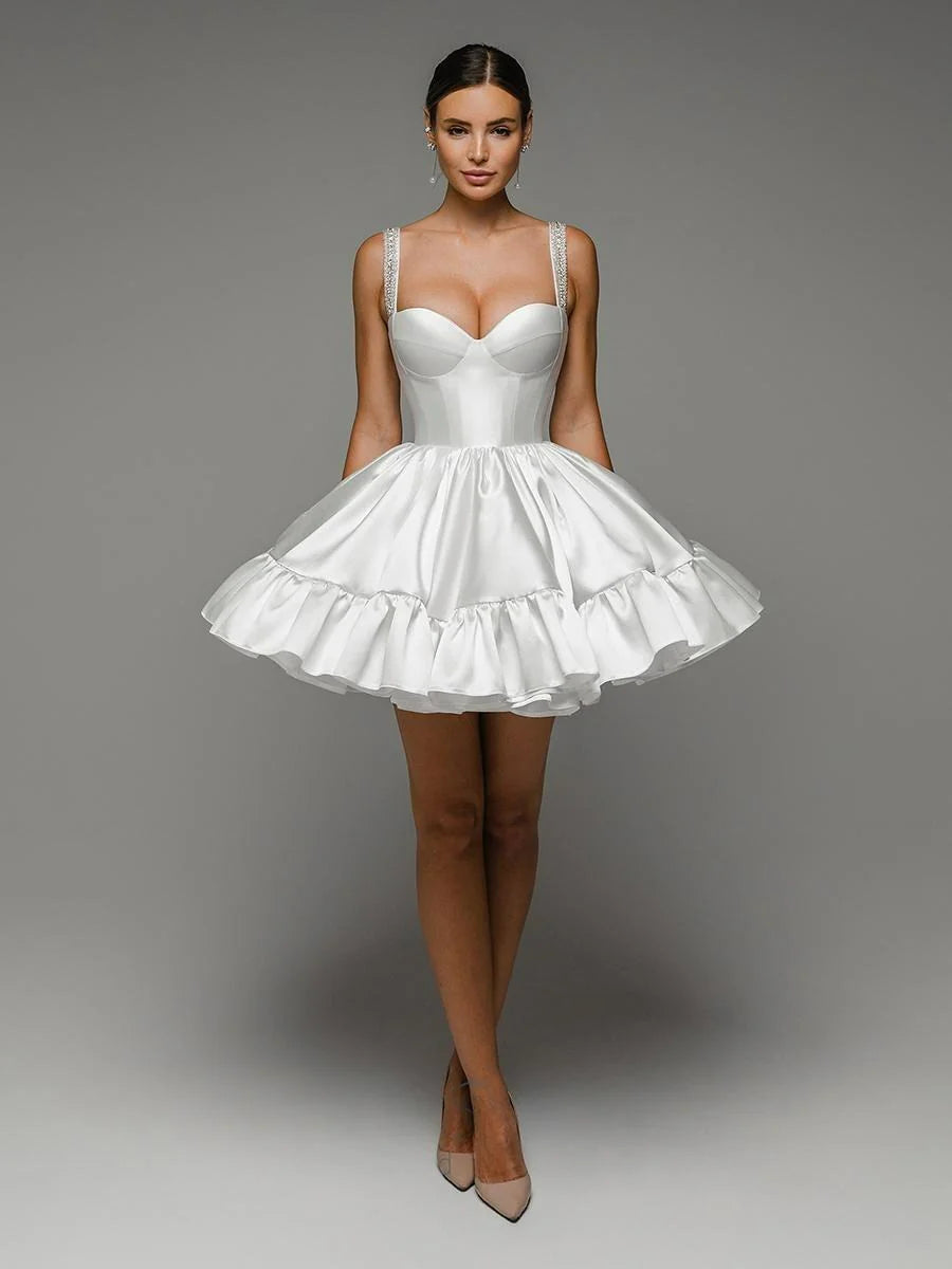 Weißes Hochzeitskleid Spaghetti-Träger Bogenbraut Kleid Kurz eine Linie Heiratskleid Schnürung Back Party Kleid Vestido de noiva