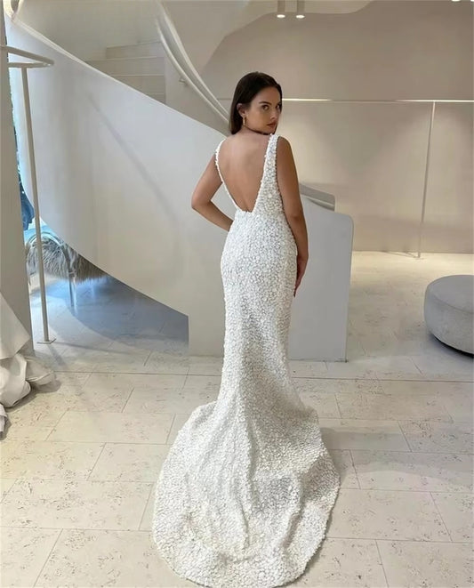 Maravilloso vestido de novia con apliques de puntos, vestido de novia de sirena sin mangas con cuello en V, vestido de novia de corte sin espalda, vestidos de novia