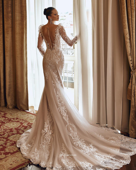 Luxury Mermaid Wedding Dresses Illusion Button Back Flare Sleeves Bride Dress Lace Long Bridal Gowns