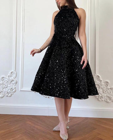 Black Knee-Length Glitter فساتين السهرة High Neck A-line Prom Dresses Elegant Sleeveless Shiny Sequins Formal Evening