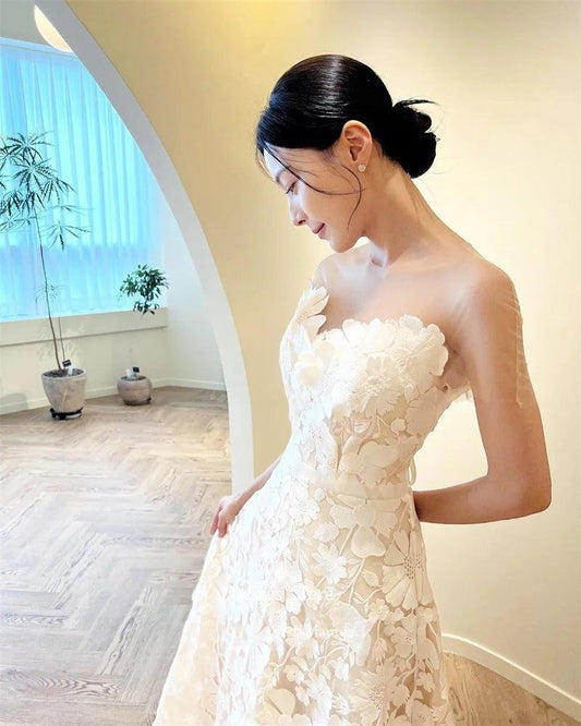 Elegante encaje completo una línea vestidos de novia de Corea cariño hasta el suelo vestidos de novia corsé espalda sesión de fotos