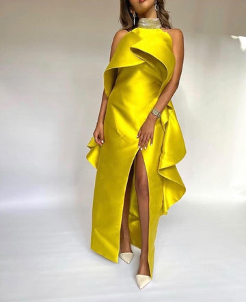 Yellow Arabic Women's Evening Dresses Satin Halter Prom Gowns Women Dubai Draped Slit Front Formal Party Dress