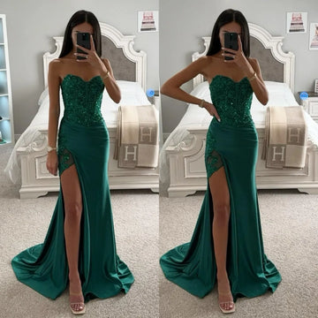 Green Beaded Glitter Prom Dress Elegant Sleeveless Mermaid SatinVestidos De Noche Sexy Side Split Graduation Ball Dress